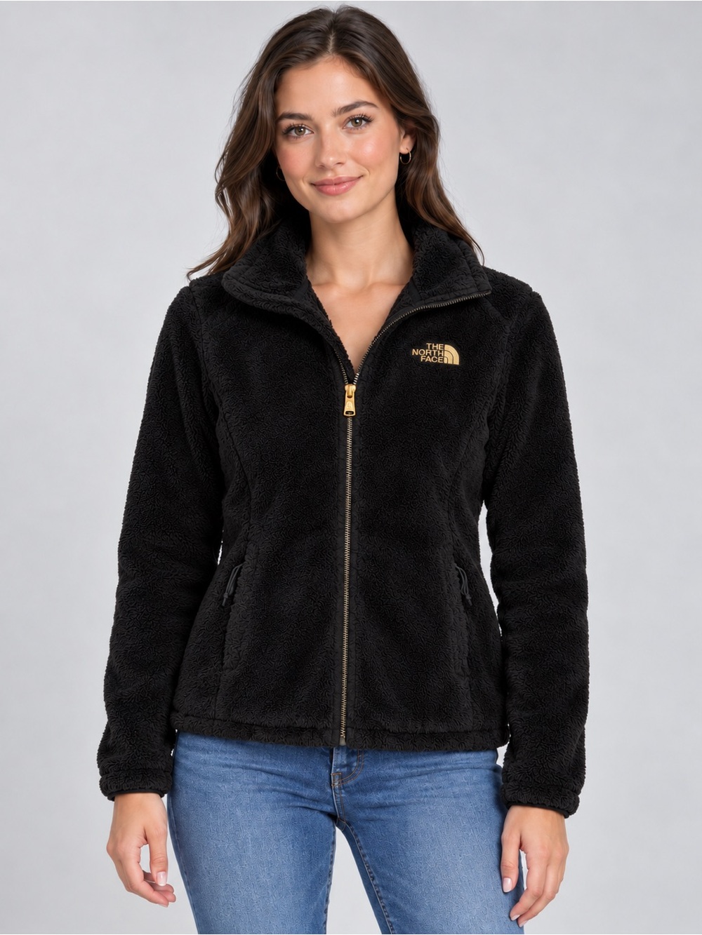 The North Face Osito Black Fleece Jacket Gold Logo Full Zip Women’s XS